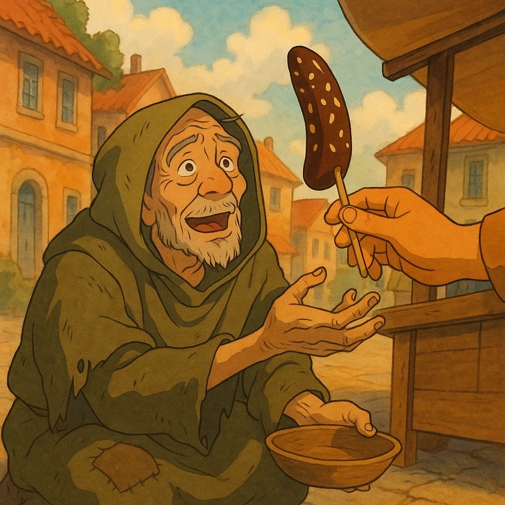 ghibli style illustration of a beggar reaching for a chocobanana, warm and expressive emoji