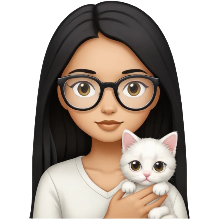 Girl with long black hair and glasses holding a white kitten emoji