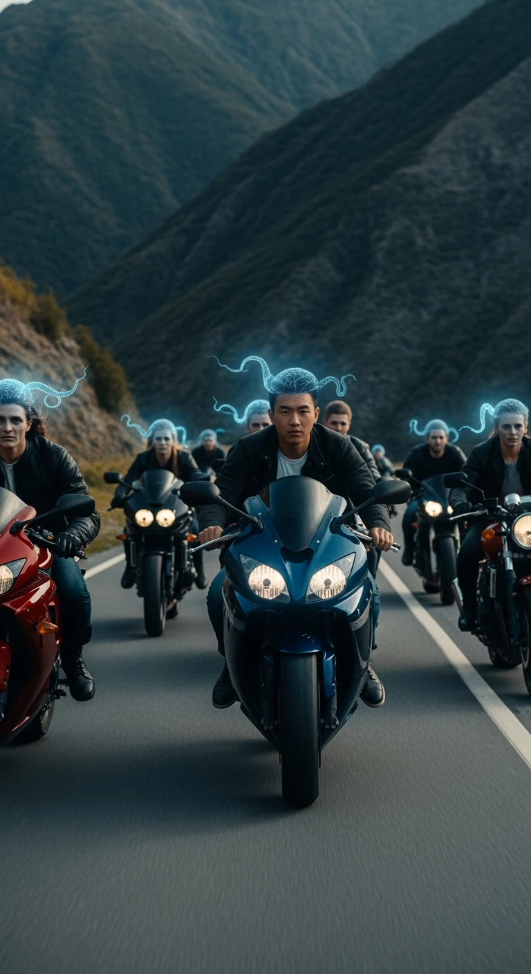 A group of motorcyclists riding aggressively along a winding mountain road at high speed. Their expressions are eerily calm and fearless. Faint, translucent parasite-like forms (symbolizing Toxoplasma gondii) overlay their heads or brains, emitting a subtle glow. emoji