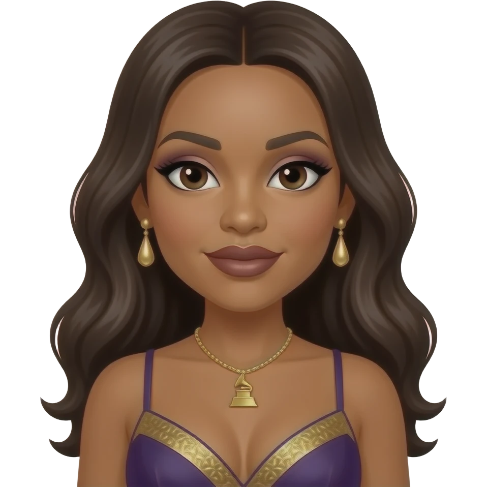 Cheryl "Coko" Gamble from SWV with dark brown eyes, long dark brown hair, dark brown eyeshadow and lipstick, dark purple and gold grammy dress, necklace and earrings emoji