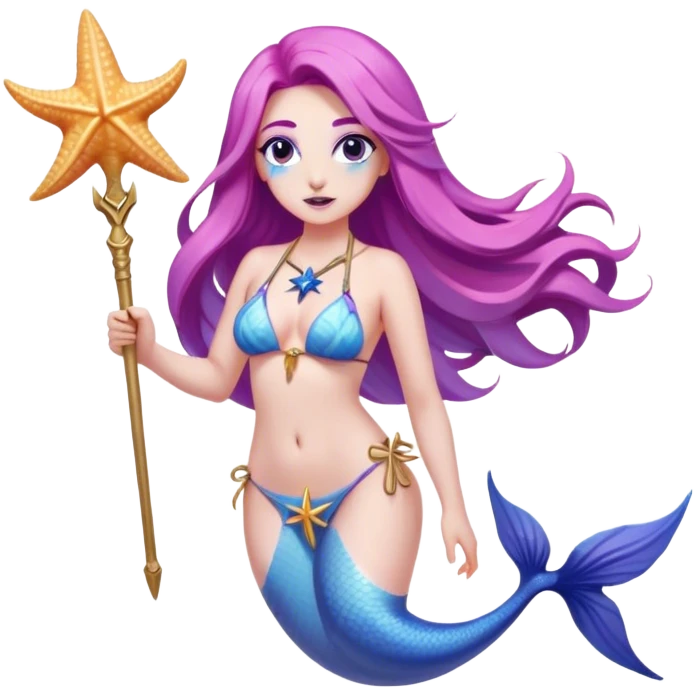 Yellow-toned upper body and a blue fish tail. She has long, flowing pink and purple hair adorned with a blue starfish accessory. She wears a light-colored seashell bikini top and holds a golden trident in one hand. Her expression is confident and friendly. The background is transparent emoji