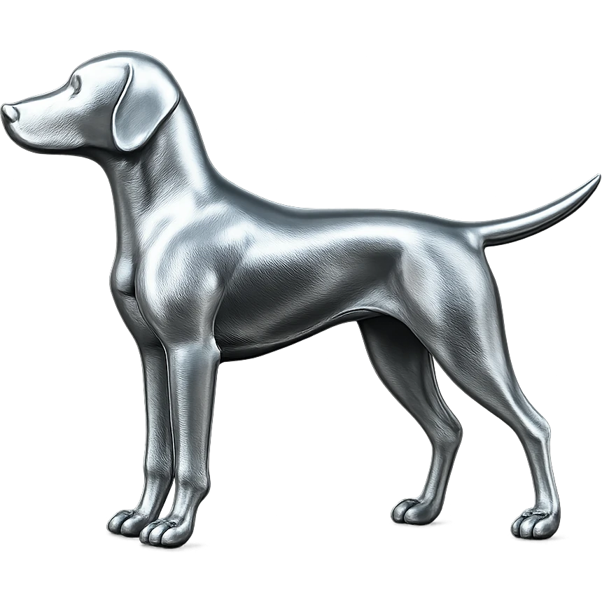               Apply a high-end, photorealistic metallic chrome material to the provided {subject}. The material should have a smooth, slightly curved surface with subtle reflections and soft shadows, resembling brushed or polished silver metal. Preserve the exact shape, proportions, and design of the original object. Set it against a solid black background (#000000) in 8K resolution. The lighting should enhance the beveled edges and reflective highlights, creating a sleek, premium finish. {subject} = dog pointing left emoji