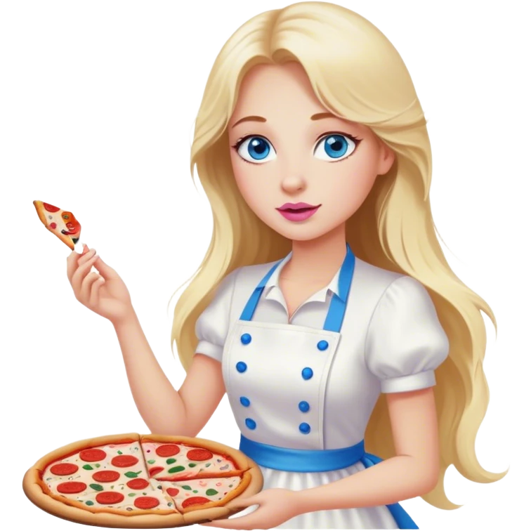 Cinematic realistic beautiful blonde with long hair, blue eyes and pink lips in a white dress cooks pizza emoji