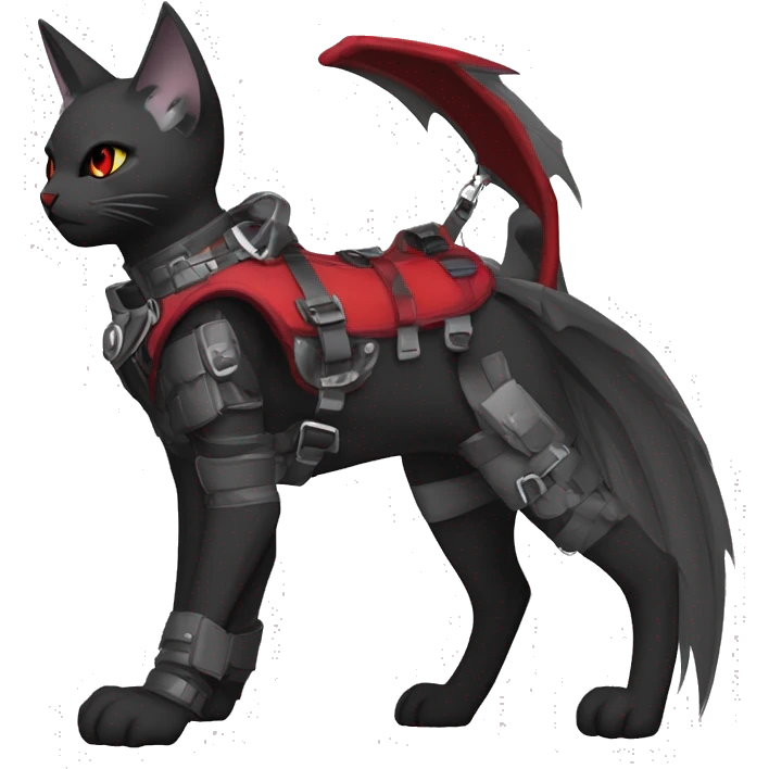 cool edgy elegant beautiful black grey punk techwear red fantasy nargacuga-bat-cat-Fakemon collar harness warrior full body emoji
