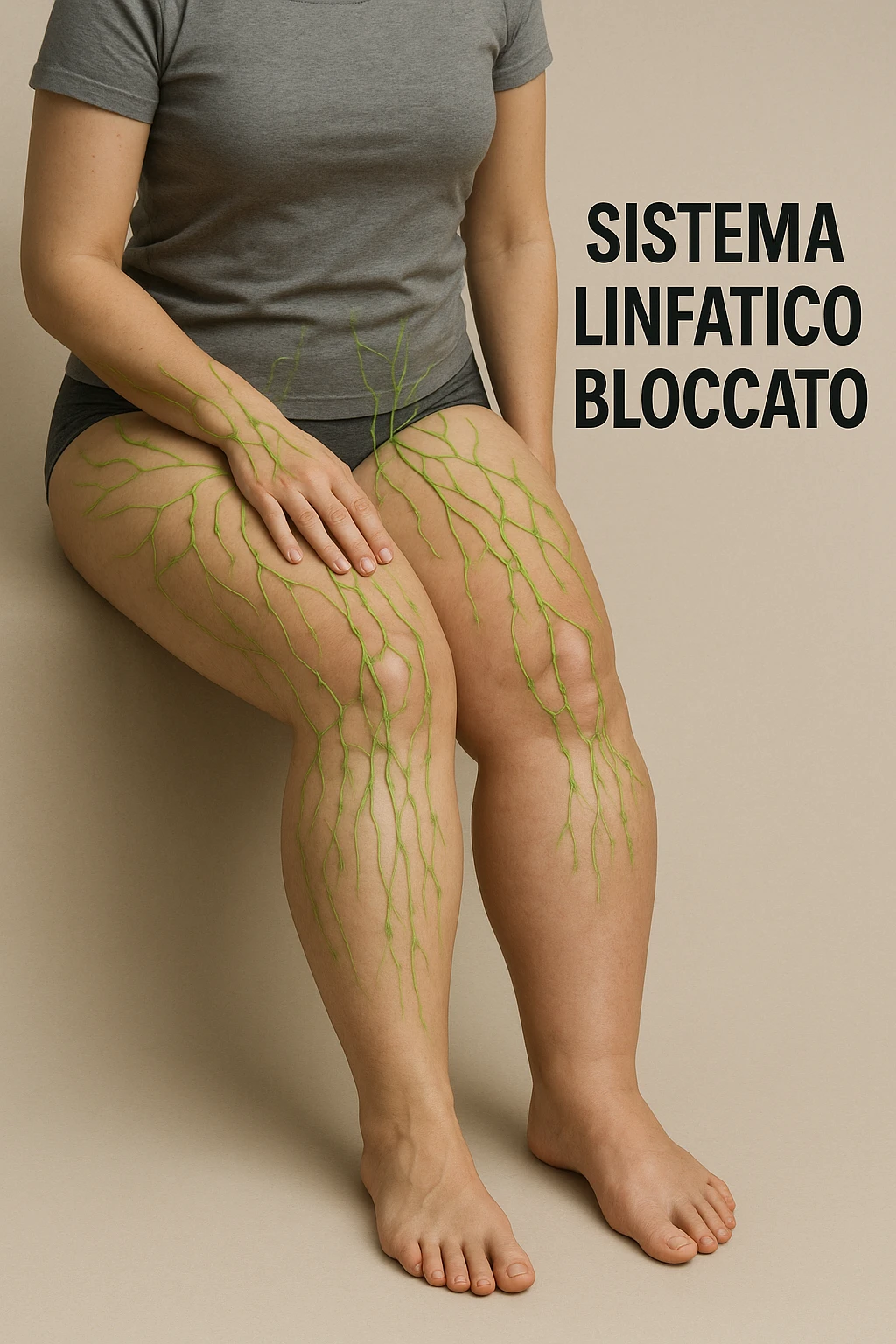 Donna con sistema linfatico bloccato con focus sulle gambe immagine realistiche 4k in italiano emoji