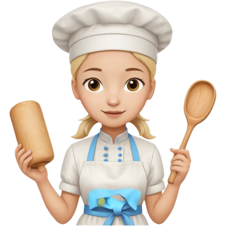 Young female pastry chef - single ponytail, apron, wearing a white hat, holding a rolling pin emoji