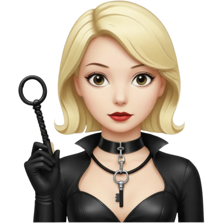 Dominatrix with blonde hair, latex outfit, old fashioned key necklace, and a whip emoji