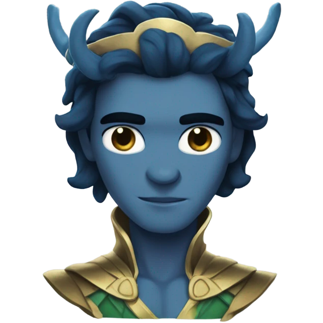 Loki (Tom Hiddleston) from Thor 1, with blue skin,darker blue veins, a horned gold  crown, and medium-length wavy black hair,blue eyes emoji