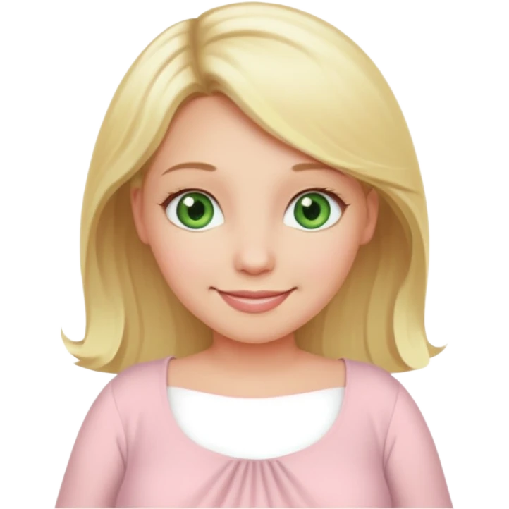 blond pregnant woman smiling in pink pale dress with green eyes emoji