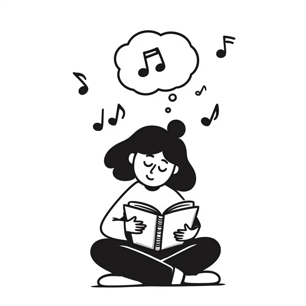 Girl sitting cross-legged reading notes in a spiral notebook emoji