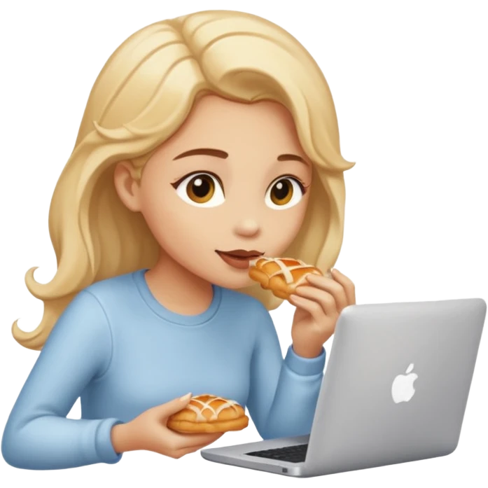 a girl looking in her computer a pastrie with good food  emoji