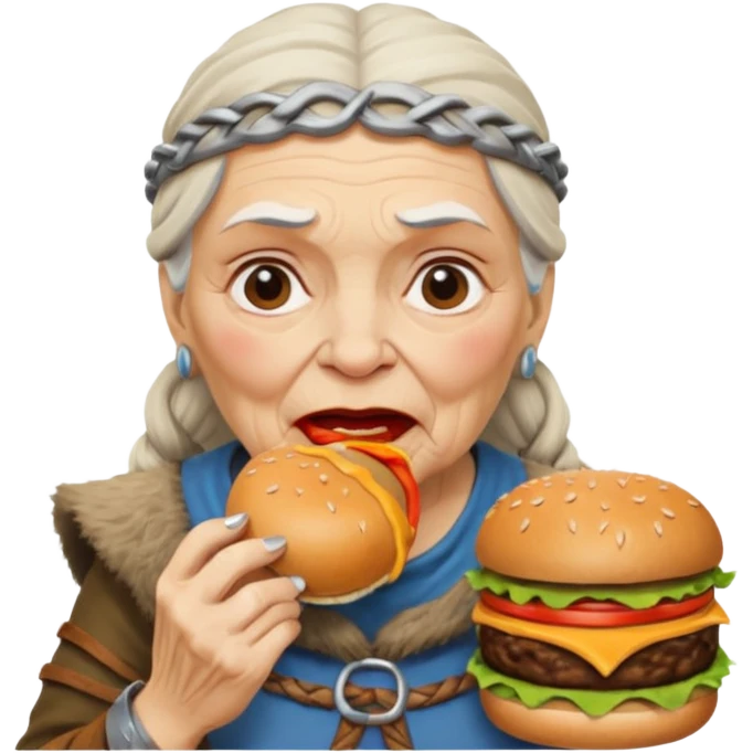 old woman viking eating burger emoji
