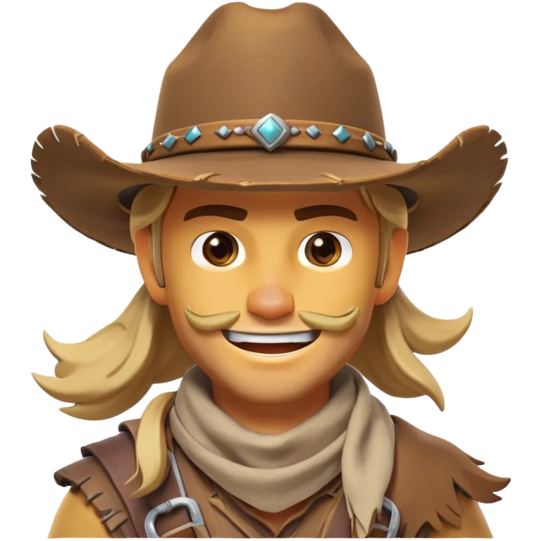 clash-of-clans-aesthetic_-cinematic-playful-cowboy-portrait-emoji, head-tilted with a roguish, cheeky grin and twinkling eyes, featuring a rugged, spirited build with a wide-brimmed cowboy hat and a weathered bandana on tan skin, riding a powerful galloping horse with dynamic flowing mane, reins gripped firmly in one hand and a lasso in the other, as dust swirls behind them in a vast desert landscape. emoji