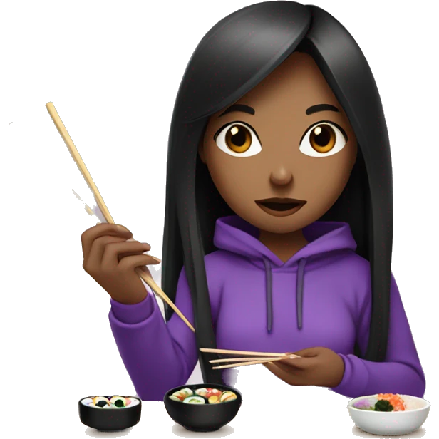 Long black hair girl with black eyes purple hoodie eating sushi with chopsticks  emoji