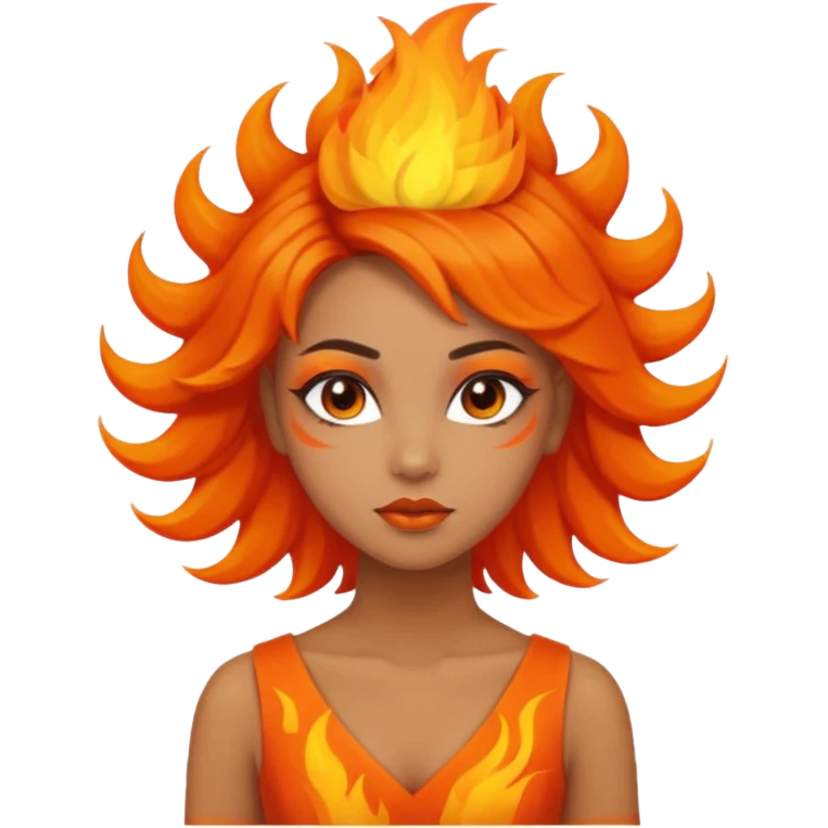 A girl tan skin face emoji with skin head hair styled, dramatic makeup and an orange flame-themed dress. emoji
