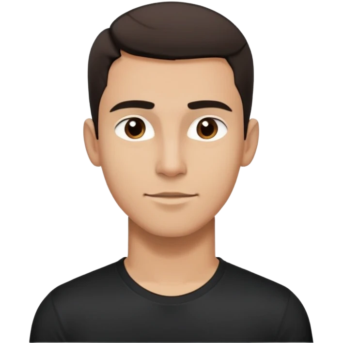 Young man with light brown skin, elongated face, defined jawline, medium dark eyes, arched eyebrows, straight nose, friendly expression, short dark hair styled upward, athletic build, wearing a fitted black t-shirt emoji
