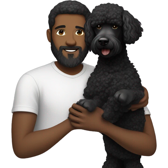 Black-haired and white guy with beard hugs black poodle dog  emoji