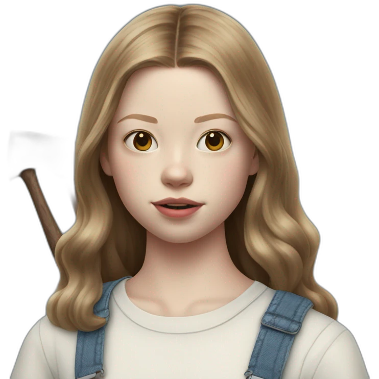 mia goth as pearl in overalls holding an axe emoji