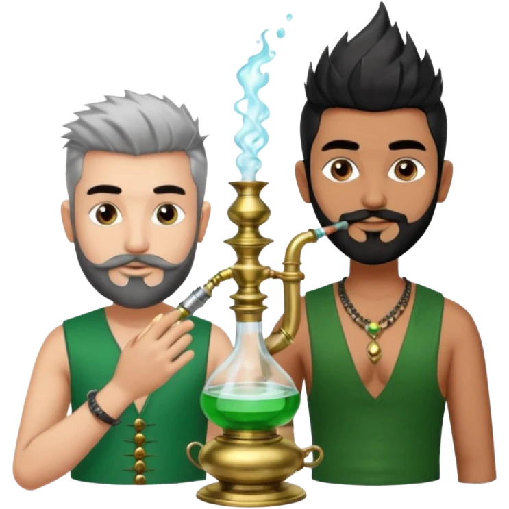 Brass hookah with green design on a glass water base on the top; with two smoke pipes where people are holding them and smoking - one white guy with spikes (silver and black hair) and another Tamil handsome with little beard Indian guy emoji