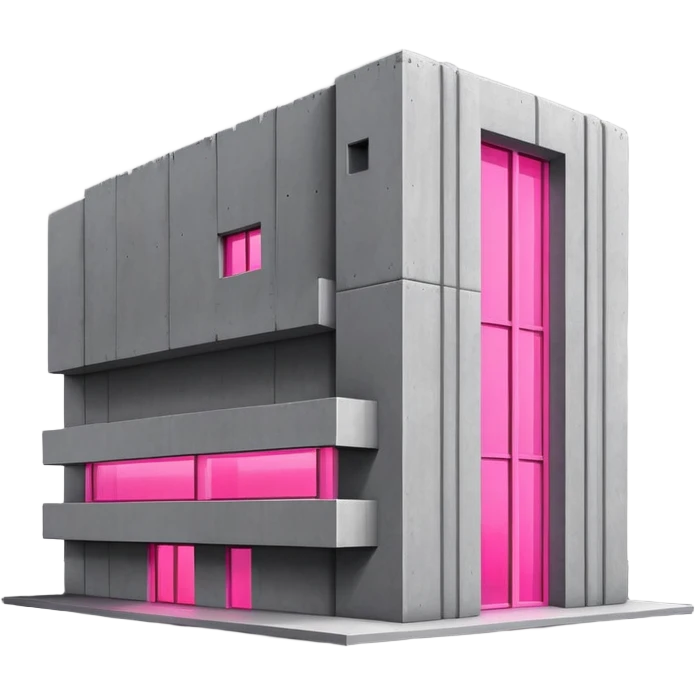 Minimalist gray concrete building with one window glowing bright pink, brutalist architecture emoji