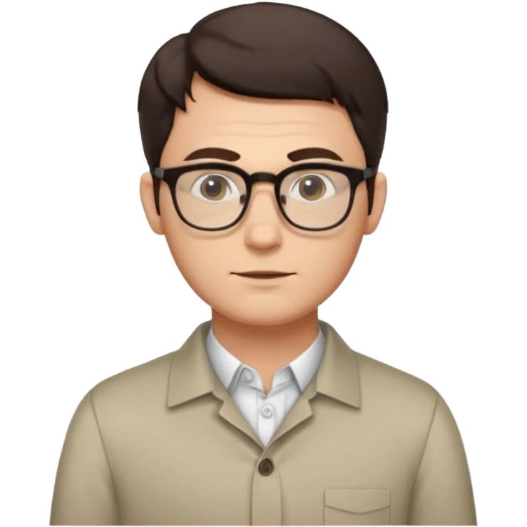 Мужчина в очках с тонкой оправой, аккуратные волосы, нейтральное выражение лица, рубашка с расстёгнутым воротом, образ интеллектуальный и неброский. emoji