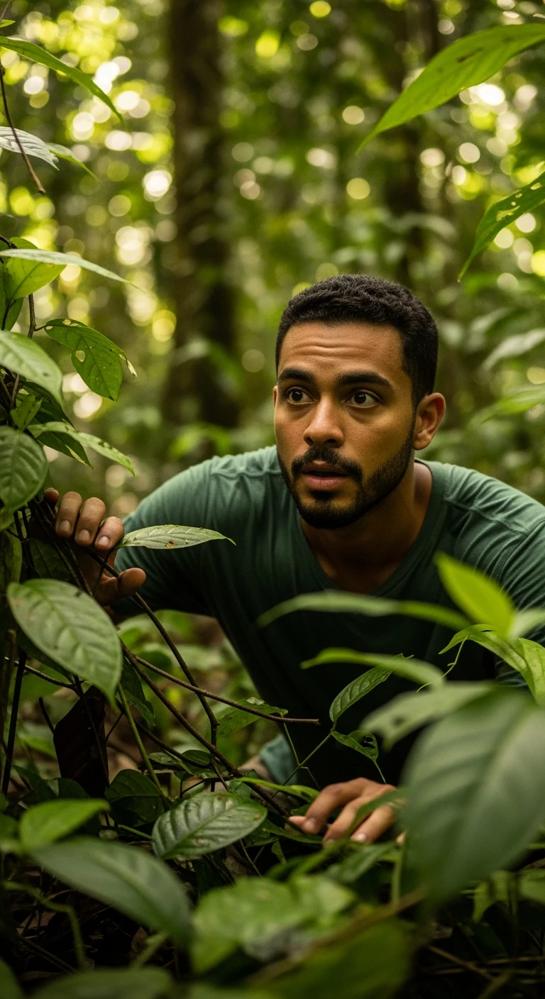 cinematic still, documentary photography, amazon jungle, well lit scene, man is exploring the jungle, close up, front shot emoji