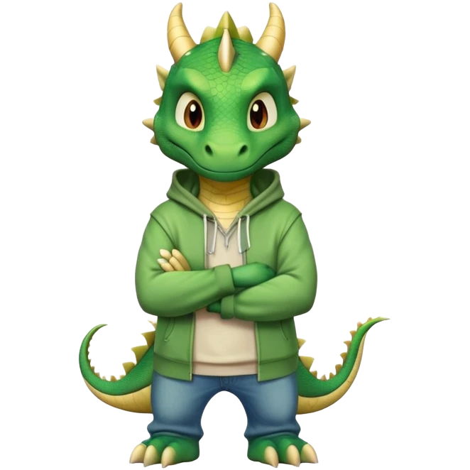 friendly anthropomorphised green dragon in a hoodie and jeans standing upright with arms folded emoji