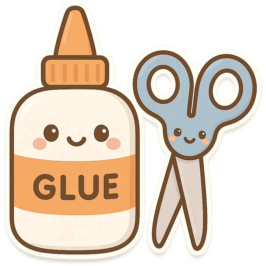 bottle of glue with orange label and tip and a pair of blue scissors, flat toon vector illustration, kawaii minimal emoji
