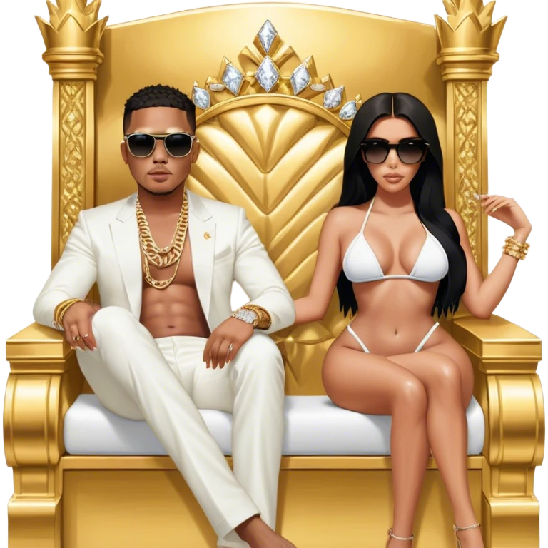 Josh King Madrid, designer fit, diamond chain, seated on a massive gold throne, sunglasses on, 2x Kim Kardashian instagram bikinis model beside him. emoji