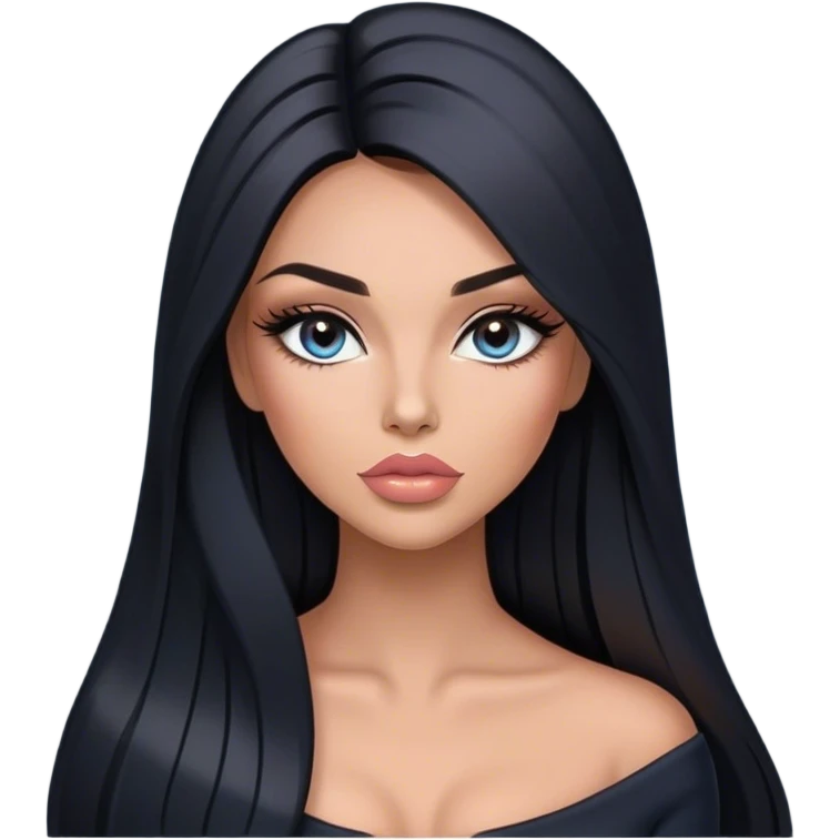 Glamours, tanned, very beautiful girl, with big pump peach-beige-rose lips, long long lashes, black straight smooth silky long hair, straight parting hair, blue-grey eyes in black clothes emoji