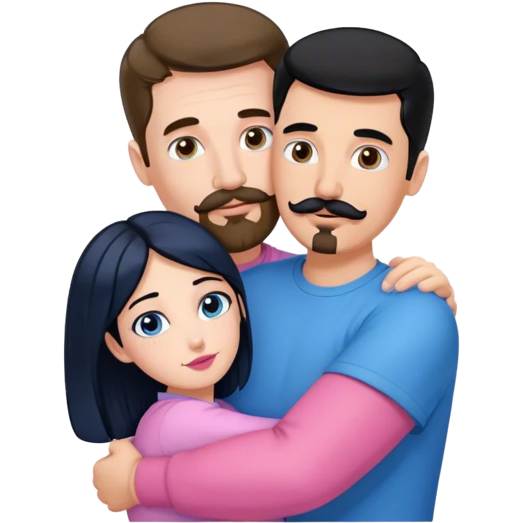 Tall white man with brown mustache goatee wearing blue hugging a short pale woman with long black hair wearing pink emoji