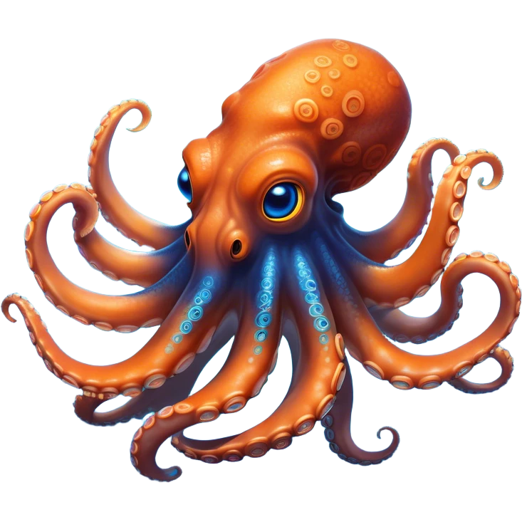 Cinematic Realistic Noble Octopus Portrait Emoji, Poised and majestic, with a sinuous, flowing body in vivid orange accented by intricately detailed blue rings, and intelligent, penetrating eyes that reflect ancient ocean lore; rendered with lifelike texture and natural iridescence, high shine, intelligent and formidable, styled with an aura of mystical marine power, focused and attentive, soft glowing outline, capturing the essence of a watchful and confident octopus that appears ready to glide out of the screen with timeless authority! emoji