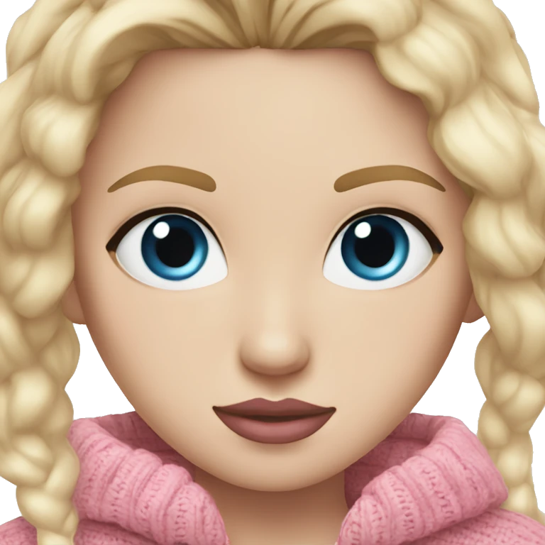 white girl, blue eyes, blond staight hair, pink lips, pink sweater  emoji