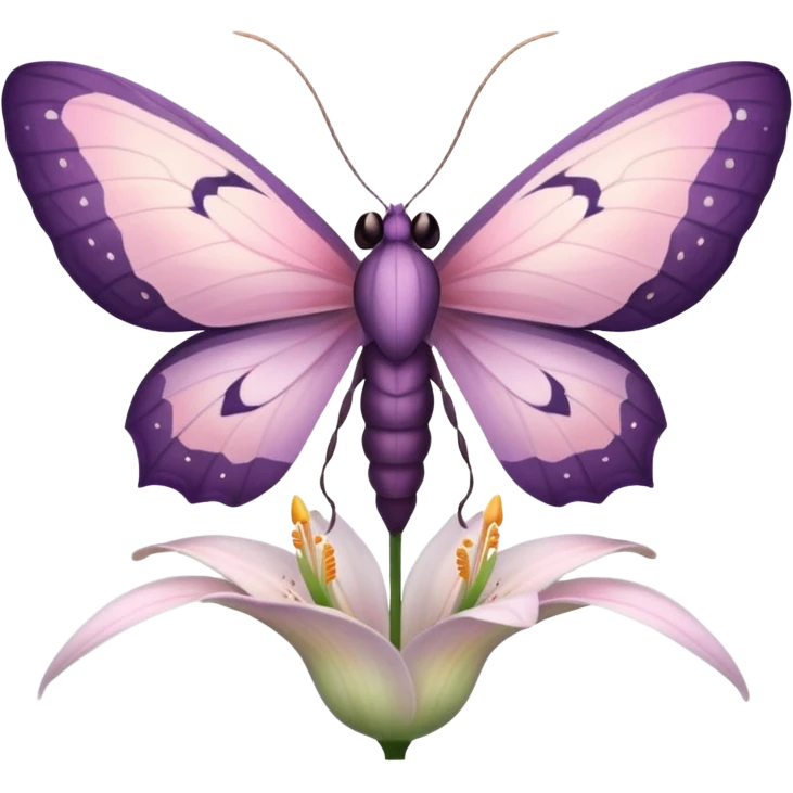 Композиция из моли и цветка — маленькая моль, сидящая на лепестке ночного цветка лилии. Цвета: пастельные, с акцентом на розовый и фиолетовый. Отражает гармонию с природой. emoji