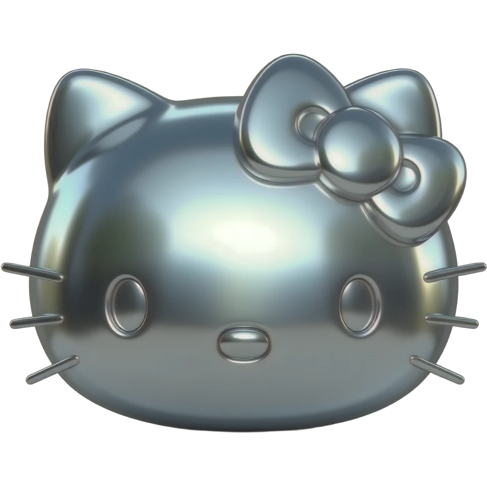 A hello kitty head made of liquid chrome and polished silver. Sharp edges with a high-gloss metallic finish reflections. Minimalist, futuristic, and moody emoji