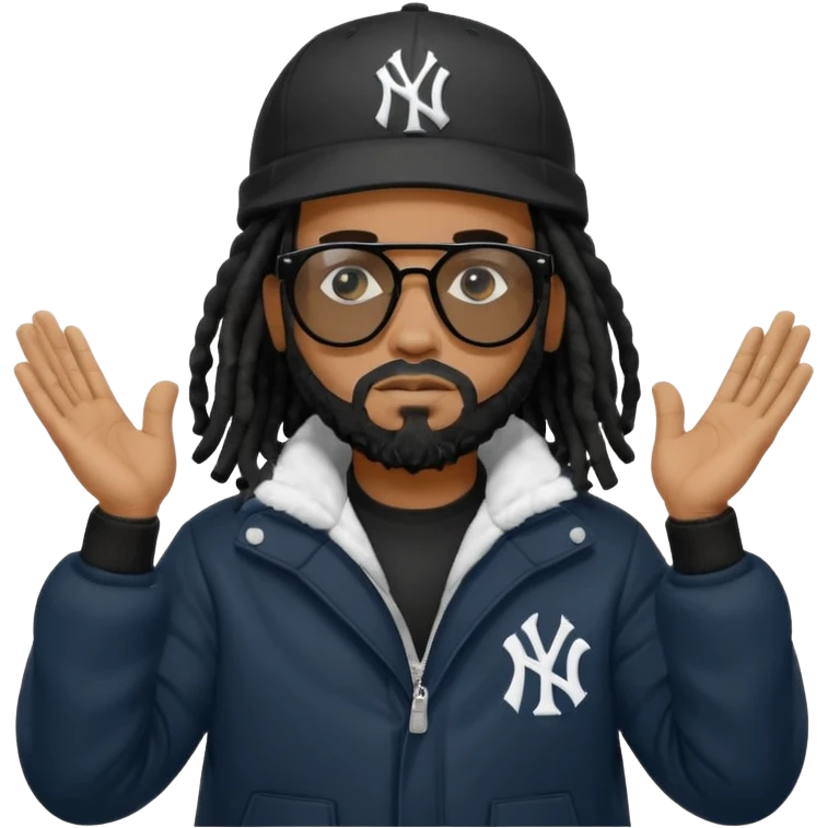 African American man with shoulder length black dreadlocks with black beard wearing black sunglasses with black bubble winter coat wearing a New York Yankees baseball hat with his hands on top of head in thinking position emoji