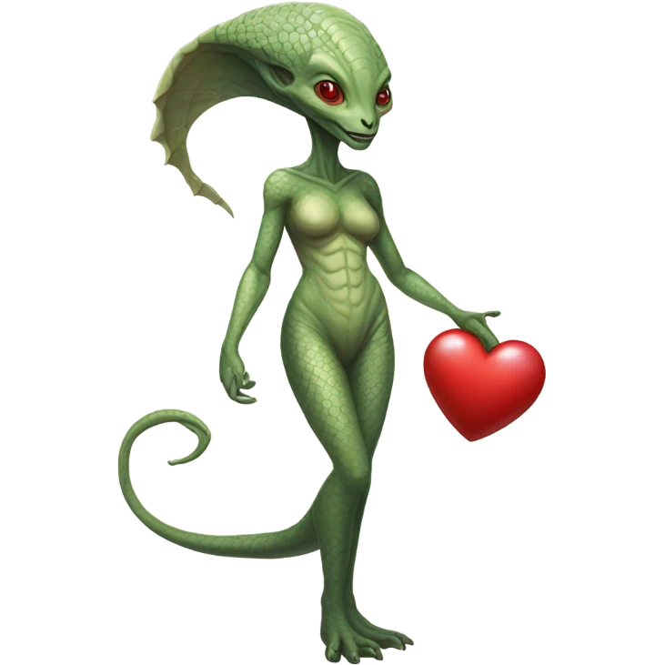 a Reptilian alien woman full body, holding big red heart emoji