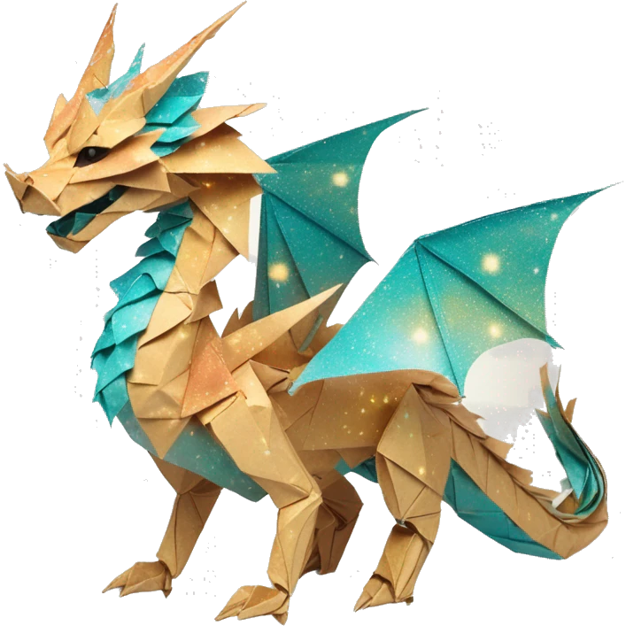 Sparkling patterned Beige Origami dragon with a dried flower crown made of newspapers intricate patterns surrounded by fairy lights nebula galaxy stars swirls iridescent orange cyan yellow emoji