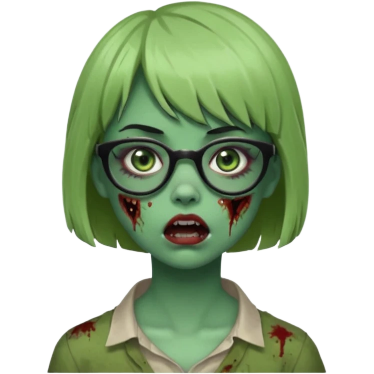 faça uma menina zumbi,da cor verde,com o cabelo curto,até o pescoço,franja,óculos pretos médios,olhos escuros,boca meio aberta e alguns machucados pelo rosto emoji