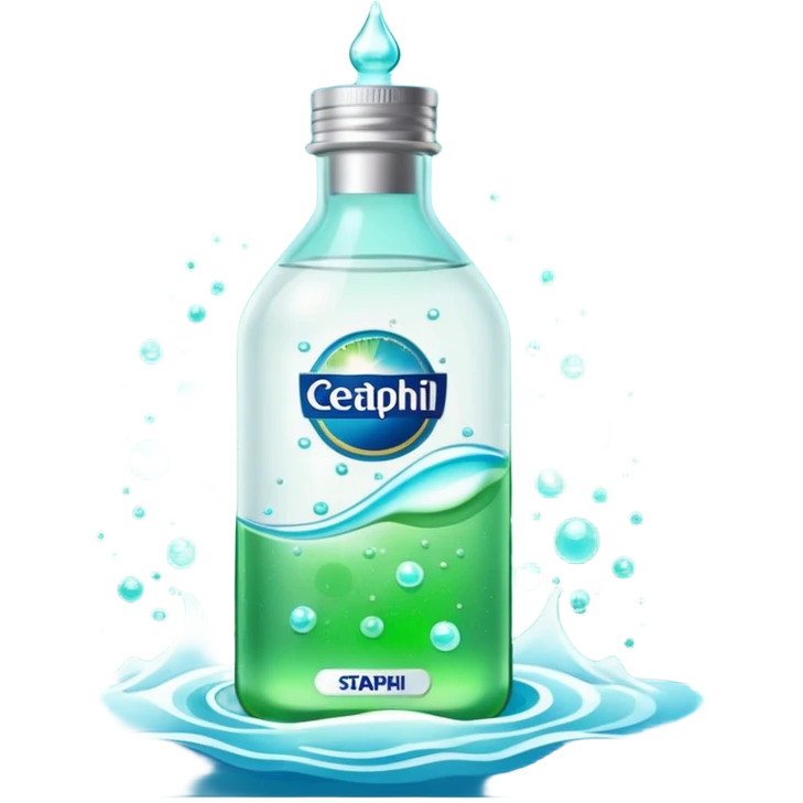 Cetaphil white bottle with light green cap and blue-green label, glowing softly. Surrounded by tiny light orbs and silky sparkles flowing like hydration waves. Feels like a gentle skin shield potion in a glossy, minimalist flask. emoji