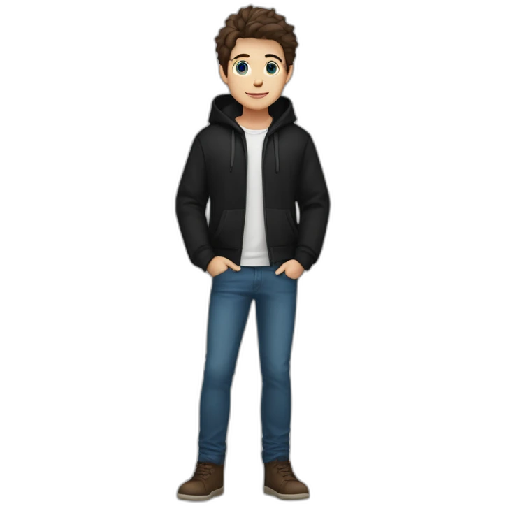 boy blue eyes and with short dark hair in black hoodie and blue jeans and girl with blue eyes brown hair in black pants in white shirt and brown jacket emoji