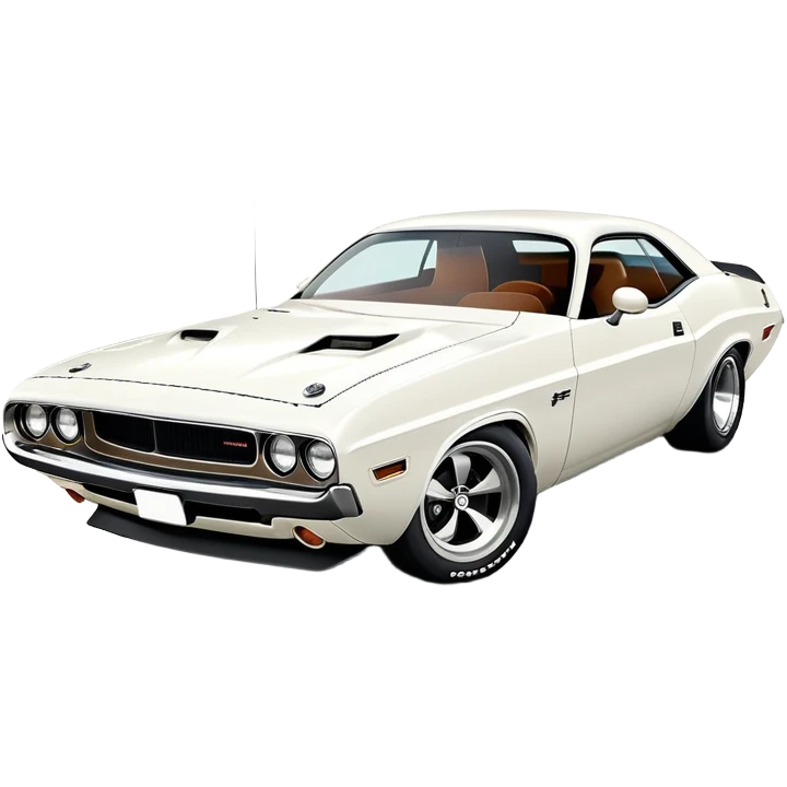 White 1971 Dodge Challenger with sharp details, precise three-quarter view at 30 degrees, accurate muscle car proportions, visible front bumper and fender, pure white finish, iOS emoji style emoji