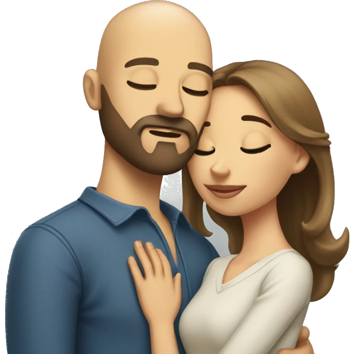 A bald man with a dark blonde full beard wearing a shirt kissing a brunette woman with her eyes closed emoji