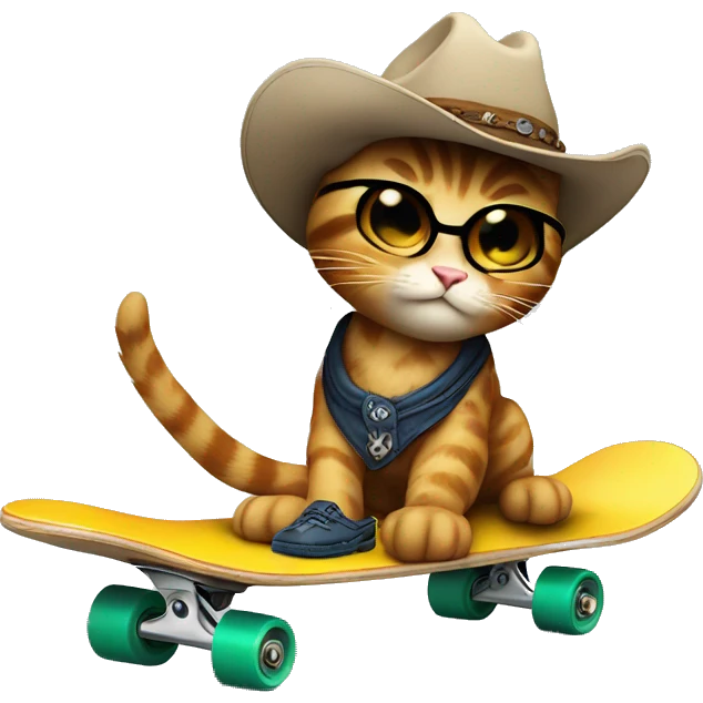 a cool cowboy cat on skateboard, lively emoji