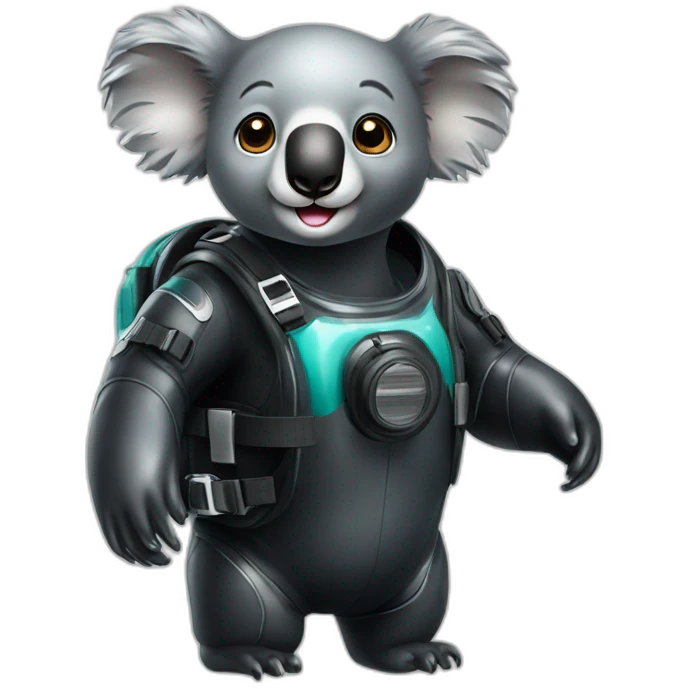 happy koala in black rubber shiny diving suit emoji