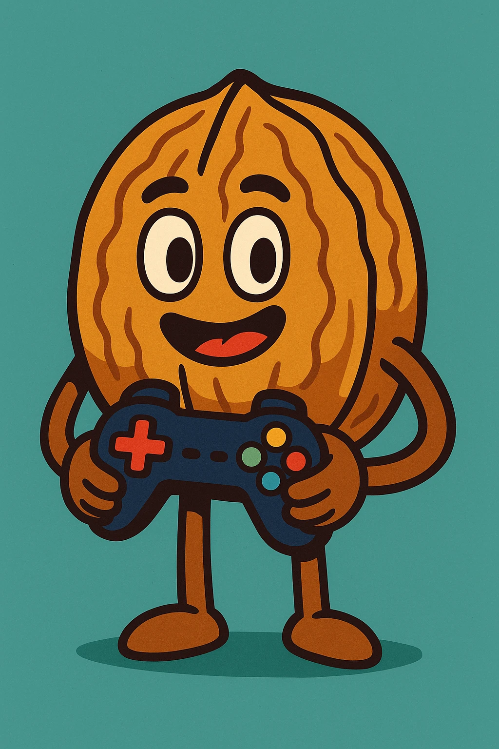 A standing walnut holding a game controller emoji