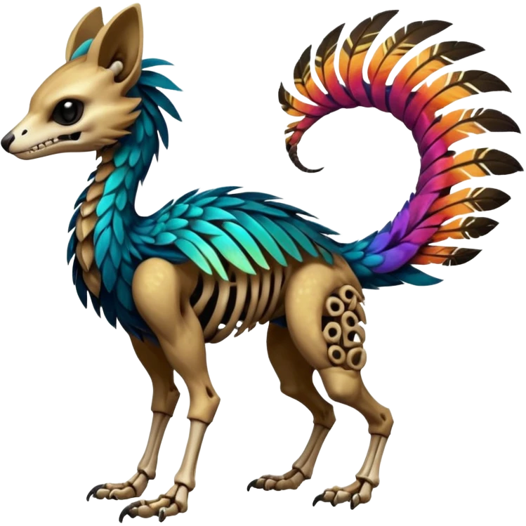 Rare colorful gradients colored realistic dark edgy glossy shiny tropical tribal patterned feathery skeletal badass epic pretty beautiful handsome gorgeous aesthetic colorful vibrant Vernid-Trico-species-Fakemon-creature by LiLaiRa, 4 legs, 1 tail, random markings, (full body) emoji