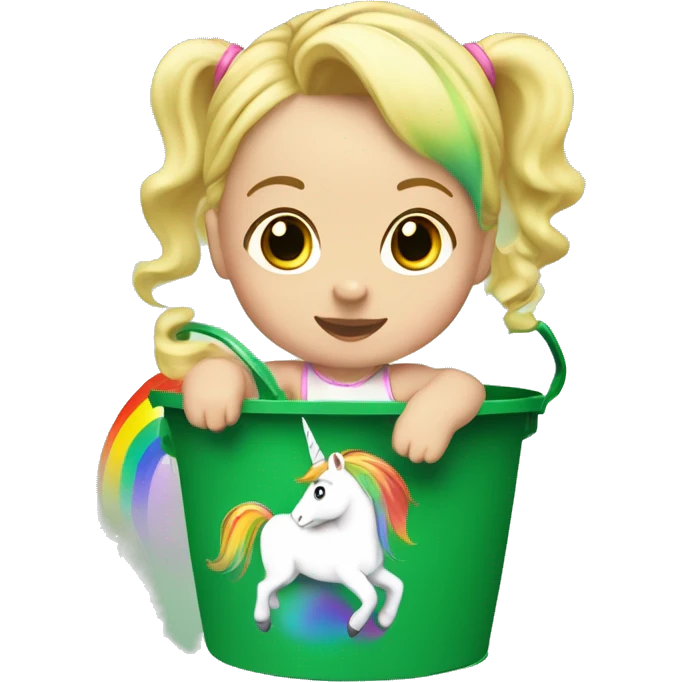 Blonde baby girl, inside of a green bucket riding a unicorn with rainbow hair ￼ emoji