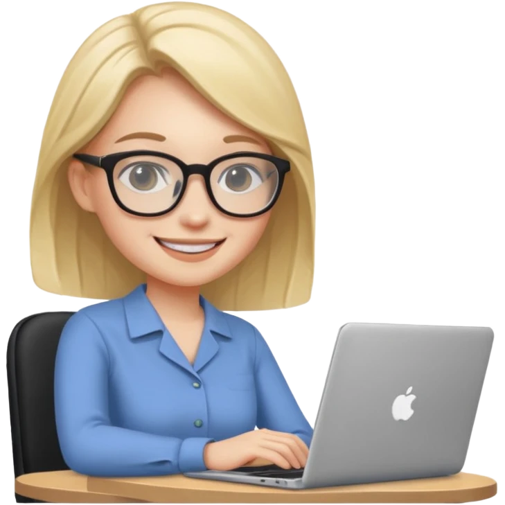 Девушка сидит на работе с ноутбуком. Она улыбается  emoji