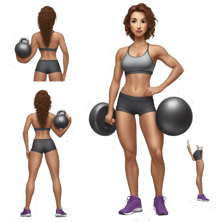 Hyperrealistic pencil drawing of athletic sexy girl with brown hair with kettlebell emoji